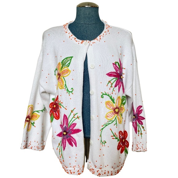 Vintage 100% Cotton Beaded Floral Cardigan - Picture 1 of 3